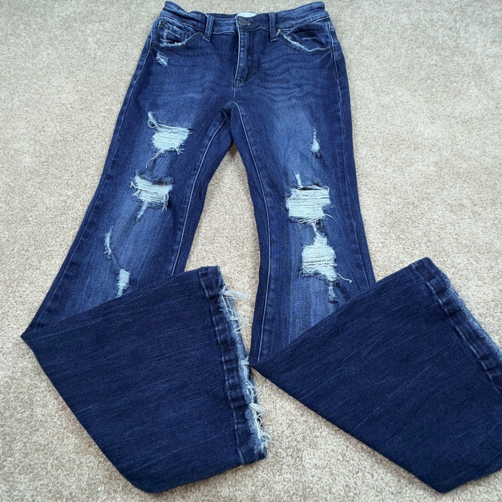 Petra 153 Womens Dark Wash Distressed Flare High Rise Ripped Raw Hem Jeans 9/28